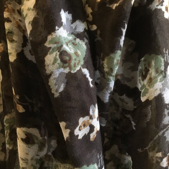 Large Voluminous Semi Sheer Tasseled Floral Scarf In Brown, Cream and Sage - Picture 9 of 14